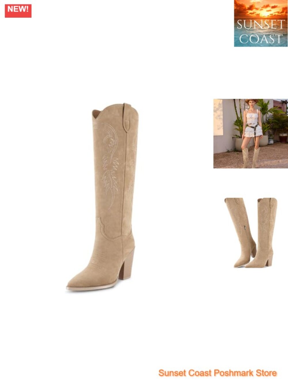 Western Knee High Cowboy Boots Women Faux Suede Embroidered